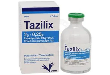 TAZILIX 2 G/0,25 G ENJEKSIYONLUK/INFUZYONLUK COZELTI HAZIRLAMAK ICIN TOZ (1 ADET) ürün ambalajı. Piperasilin-tazobaktam içeren çözelti. Üretici: VEM İLAÇ SAN. VE TİC. ANONİM ŞİRKETİ.
