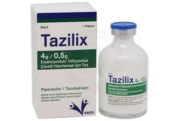 TAZILIX 4 G/0,5 G ENJEKSIYONLUK/INFUZYONLUK COZELTI HAZIRLAMAK ICIN TOZ (1 ADET) ürün ambalajı. Piperasilin-tazobaktam içeren çözelti. Üretici: VEM İLAÇ SAN. VE TİC. ANONİM ŞİRKETİ.