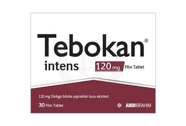 TEBOKAN INTENS 120 MG FILM TABLET (ginkgo biloba ekstresi) kutusu, film kaplı tablet. Üretici: ABDİ İBRAHİM İLAÇ SANAYİ VE TİCARET A.Ş.