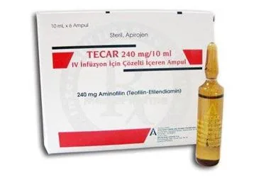 Aminofilin içeren çözelti: TECAR 240 MG/10 ML IV INFUZYON COZELTISI ICEREN 6 AMPUL kutusu. Üretici: TÜM - EKİP İLAÇ A.Ş.