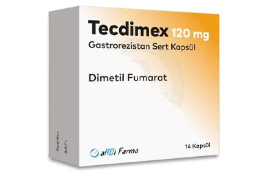 TECDIMEX 120 MG GASTROREZISTAN SERT KAPSUL kutu fotoğrafı, kapsül formunda dimetil fumarat içerir. Üretici: ARDİ FARMA İLAÇ PAZARLAMA TİC. LTD. ŞTİ.