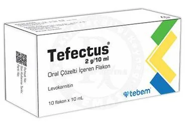 TEFECTUS 2G/10 ML ORAL COZELTI (10 FLAKON) ürün ambalajı, çözelti formunda karnitin içerir. Üretici: TEBEM İLAÇ SANAYİ TURİZM VE TİCARET ANONİM ŞİRKETİ.