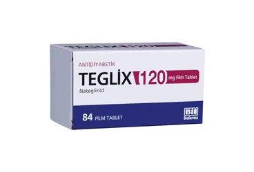 TEGLIX 120 MG 84 FILM KAPLI TABLET kutusu. Nateglinid içeren film kaplı tablet. Üretici: BİOFARMA İLAÇ SANAYİ VE TİCARET A.Ş.