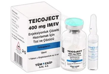 TEICOJECT 400 MG IM/IV ENJEKSIYONLUK COZELTI HAZIRLAMAK ICIN TOZ VE COZUCU kutusu. Teikoplanin içeren çözelti. Üretici: TÜM - EKİP İLAÇ A.Ş.