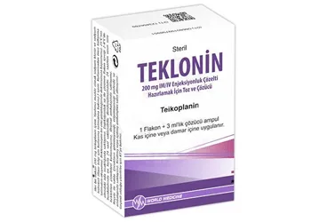 TEKLONIN 200 MG IM/IV ENJEKSIYONLUK COZELTI HAZIRLAMAK ICIN TOZ VE COZUCU (teikoplanin) ambalajı, çözelti. Üretici: WORLD MEDICINE İLAÇ SAN. VE TİC. A.Ş.