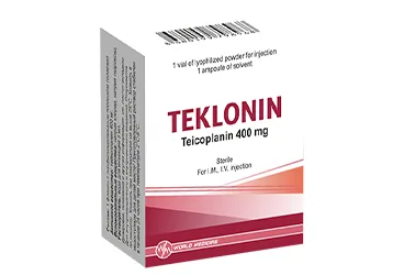 TEKLONIN 400 MG IM/IV ENJEKSIYONLUK COZELTI HAZIRLAMAK ICIN TOZ VE COZUCU ambalajı. Teikoplanin içeren çözelti. Üretici: WORLD MEDICINE İLAÇ SAN. VE TİC. A.Ş.