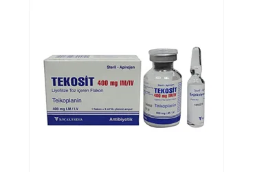 TEKOSIT 400 MG IM/IV LİYOFİLİZE TOZ İÇEREN 1 FLAKON ambalajı, flakon formunda teikoplanin içerir. Üretici: KOÇAK FARMA İLAÇ VE KİMYA SANAYİ A.Ş.