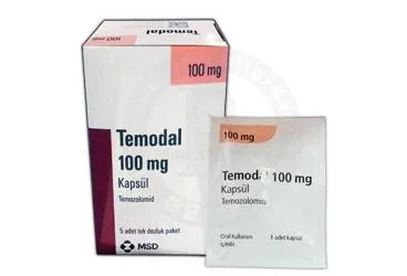 TEMODAL 100 MG SERT KAPSUL ambalajı. Temozolomid içeren kapsül. Üretici: MERCK SHARP DOHME İLAÇLARI LTD. ŞTİ.