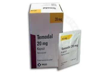 TEMODAL 20 MG SERT KAPSUL ürün ambalajı. Temozolomid içeren kapsül. Üretici: MERCK SHARP DOHME İLAÇLARI LTD. ŞTİ.