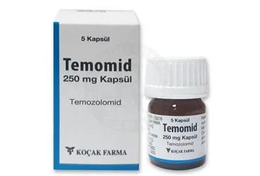 Temozolomid içeren kapsül: TEMOMID 250 MG 5 KAPSUL ürün ambalajı. Üretici: KOÇAK FARMA İLAÇ VE KİMYA SANAYİ A.Ş.