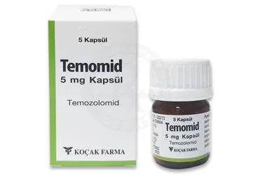 TEMOMID 5 MG 5 KAPSUL (temozolomid) ürün ambalajı, kapsül. Üretici: KOÇAK FARMA İLAÇ VE KİMYA SANAYİ A.Ş.