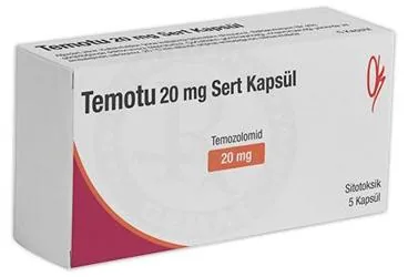 TEMOTU 20 MG SERT KAPSUL (5 KAPSUL) ürün ambalajı, kapsül formunda temozolomid içerir. Üretici: ONKO İLAÇ SANAYİ VE TİCARET ANONİM ŞİRKETİ.