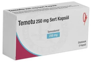 TEMOTU 250 MG SERT KAPSUL (5 KAPSUL) kutu fotoğrafı, kapsül formunda temozolomid içerir. Üretici: ONKO İLAÇ SANAYİ VE TİCARET ANONİM ŞİRKETİ.