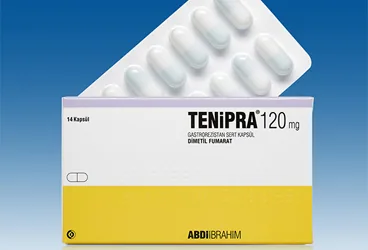 Dimetil fumarat içeren kapsül: TENIPRA 120 MG ENTERIK SERT KAPSUL (14 KAPSUL) ürün ambalajı. Üretici: ABDİ İBRAHİM İLAÇ SANAYİ VE TİCARET A.Ş.