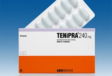 TENIPRA 240 MG ENTERIK SERT KAPSUL (56 KAPSUL) kutusu, kapsül formunda dimetil fumarat içerir. Üretici: ABDİ İBRAHİM İLAÇ SANAYİ VE TİCARET A.Ş.