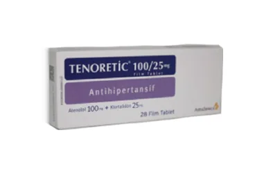 TENORETIC 100 MG/25 MG 28 FILM TABLET (atenolol + klortalidon) ürün ambalajı, film kaplı tablet. Üretici: ASTRAZENECA İLAÇ SAN.VE TİC.LTD.ŞTİ.