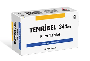 Tenofovir disoproksil içeren film kaplı tablet: TENRIBEL 245 MG 30 FILM TABLET kutusu. Üretici: NOBEL İLAÇ SAN. VE TİC. A.Ş.