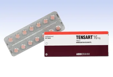 Kandesartan içeren tablet: TENSART 16 MG 28 TABLET ürün ambalajı. Üretici: ABDİ İBRAHİM İLAÇ SANAYİ VE TİCARET A.Ş.