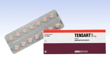Kandesartan içeren tablet: TENSART 8 MG 28 TABLET kutusu. Üretici: ABDİ İBRAHİM İLAÇ SANAYİ VE TİCARET A.Ş.