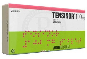 Atenolol içeren tablet: TENSINOR 100 MG 28 TABLET kutusu. Üretici: ASTRAZENECA İLAÇ SAN.VE TİC.LTD.ŞTİ.