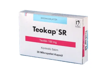 Teofilin içeren kapsül: TEOKAP SR 100 MG 30 KAPSÜL kutusu. Üretici: NOBEL İLAÇ SAN. VE TİC. A.Ş.