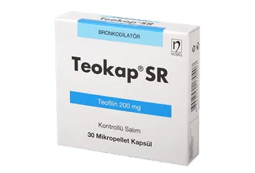 Teofilin içeren kapsül: TEOKAP SR 200 MG 30 KAPSÜL kutusu. Üretici: NOBEL İLAÇ SAN. VE TİC. A.Ş.