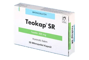 Teofilin içeren kapsül: TEOKAP SR 300 MG 30 KAPSÜL ürün ambalajı. Üretici: NOBEL İLAÇ SAN. VE TİC. A.Ş.