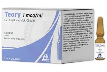 TEORY 1 MCG/ML IV ENJEKSIYONLUK COZELTI kutu fotoğrafı. Vitamin d3 içeren çözelti. Üretici: POLİFARMA İLAÇ SAN. VE TİC. A.Ş.
