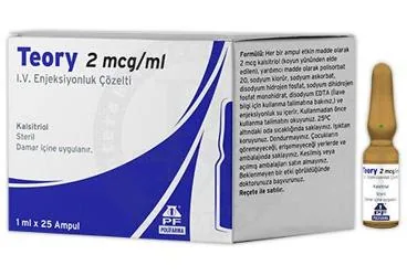 TEORY 2 MCG/ML IV ENJEKSIYONLUK COZELTI ürün ambalajı, çözelti formunda vitamin d3 içerir. Üretici: POLİFARMA İLAÇ SAN. VE TİC. A.Ş.