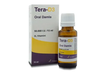 TERA-D3 50.000 IU/15 ML ORAL COZELTI ürün ambalajı, çözelti formunda vitamin d3 içerir. Üretici: TERRA İLAÇ VE KİMYA SAN. TİC. A.Ş.
