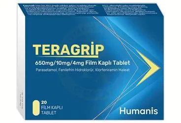 TERAGRIP 650 MG/10 MG/4 MG FILM KAPLI TABLET (20 FILM KAPLI TABLET) kutusu. Parasetamol kombinasyon içeren film kaplı tablet. Üretici: HUMANİS SAĞLIK ANONİM ŞİRKETİ.