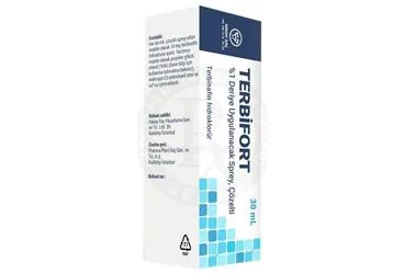 Terbinafin içeren çözelti: TERBIFORT %1 DERIYE UYGULANACAK SPREY, COZELTI (30 ML) ürün ambalajı. Üretici: HAKAY İLAÇ PAZARLAMA SAN. VE TİCARET LTD. ŞTİ.