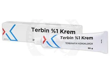 Terbinafin -topikal içeren krem: TERBIN % 1 KREM (30 G) ambalajı. Üretici: AVİXA İLAÇ SANAYİ VE TİCARET ANONİM ŞİRKETİ.