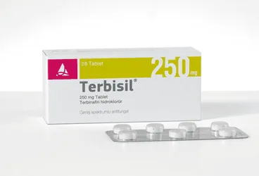 Terbinafin içeren tablet: TERBISIL 250 MG 14 TABLET ambalajı. Üretici: SANTA FARMA İLAÇ SAN. A.Ş.