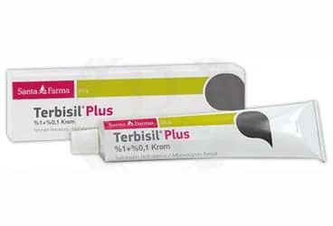 TERBISIL PLUS %1 + %0,1 KREM (20 G) ambalajı, krem formunda terbinafin + mometazon -topikal içerir. Üretici: SANTA FARMA İLAÇ SAN. A.Ş.