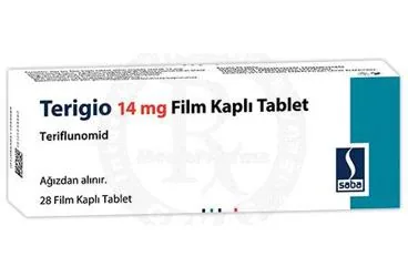 TERIGIO 14 MG FILM KAPLI TABLET (28 TABLET) ürün ambalajı, film kaplı tablet formunda teriflunomid içerir. Üretici: SABA İLAÇ SANAYİİ VE TİCARET ANONİM ŞİRKETİ.