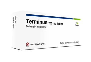 TERMINUS 250 MG 14 TABLET (terbinafin) kutusu, tablet. Üretici: RECORDATİ İLAÇ SANAYİ VE TİCARET ANONİM ŞİRKETİ.