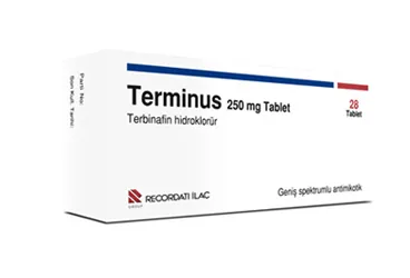 TERMINUS 250 MG 28 TABLET kutu fotoğrafı, tablet formunda terbinafin içerir. Üretici: RECORDATİ İLAÇ SANAYİ VE TİCARET ANONİM ŞİRKETİ.