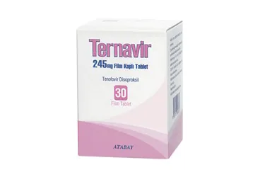 Tenofovir disoproksil içeren film kaplı tablet: TERNAVIR 245 MG 30 FILM KAPLI TABLET ürün ambalajı. Üretici: ATABAY KİMYA SANAYİ VE TİC. A.Ş.
