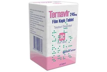 TERNAVIR 245 MG FILM TABLET (90 TABLET) kutusu. Tenofovir disoproksil içeren film kaplı tablet. Üretici: ATABAY KİMYA SANAYİ VE TİC. A.Ş.