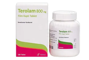 TEROLAM 800 MG FILM KAPLI TABLET /180 TABLET) kutu fotoğrafı. Sevelamer hidroklorür içeren film kaplı tablet. Üretici: TERRA İLAÇ VE KİMYA SAN. TİC. A.Ş.