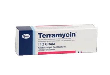 TERRAMYCIN 30 MG / 10.000 IU DERI MERHEMI (oksitetrasiklin hcl + polimiksin b sülfat) kutu fotoğrafı, merhem. Üretici: PFİZER PFE İLAÇLARI ANONİM ŞİRKETİ.