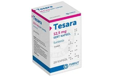 TESARA 12,5 MG SERT KAPSUL (28 KAPSUL) kutusu. Sunitinib maleat içeren kapsül. Üretici: TURGUT İLAÇLARI A.Ş.