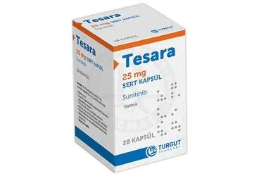 Sunitinib maleat içeren kapsül: TESARA 25 MG SERT KAPSUL (28 KAPSUL) kutu fotoğrafı. Üretici: TURGUT İLAÇLARI A.Ş.