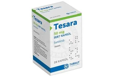 TESARA 50 MG SERT KAPSUL (28 KAPSUL) (sunitinib maleat) kutu fotoğrafı, kapsül. Üretici: TURGUT İLAÇLARI A.Ş.