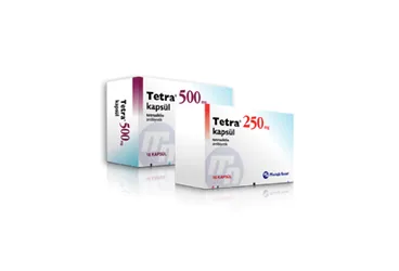 Tetrasiklin içeren kapsül: TETRA 250 MG 16 KAPSUL ambalajı. Üretici: GENSENTA İLAÇ SANAYİ VE TİCARET ANONİM ŞİRKETİ.
