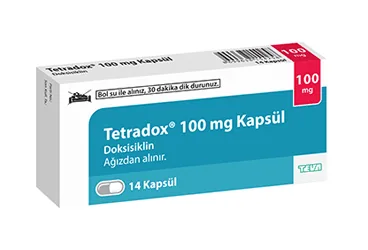 TETRADOX 100 MG 14 KAPSUL kutu fotoğrafı, kapsül formunda doksisiklin hiklat içerir. Üretici: TEVA İLAÇLARI SANAYİ VE TİCARET A.Ş.