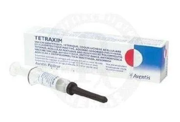 Difteri + boğmaca + tetanoz + polio aşı içeren enjeksiyonluk ürün: TETRAXIM 0,5 ML IM ENJ. İÇİN SÜSP. KULL.HAZ. 1 ENJEKTÖR ambalajı. Üretici: SANOFİ PASTEUR AŞI TİC. A.Ş.