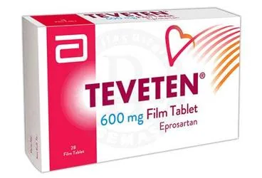 TEVETEN 600 MG 28 FİLM TABLET kutusu. Eprosartan içeren film kaplı tablet. Üretici: ABBOTT LABORATUARLARI İTHALAT İHRACAT VE TİCARET LİMİTED ŞİRKETİ.