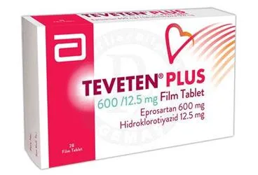 Eprosartan + hidroklorotiyazid içeren film kaplı tablet: TEVETEN PLUS 600 MG /12,5 MG 28 FİLM TABLET ürün ambalajı. Üretici: ABBOTT LABORATUARLARI İTHALAT İHRACAT VE TİCARET LİMİTED ŞİRKETİ.